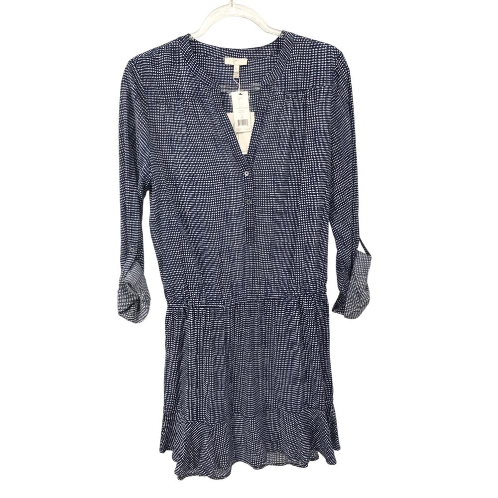 Joie Acey Blouson Mini Dress M Dark Navy Print Roll Tab Sleeve